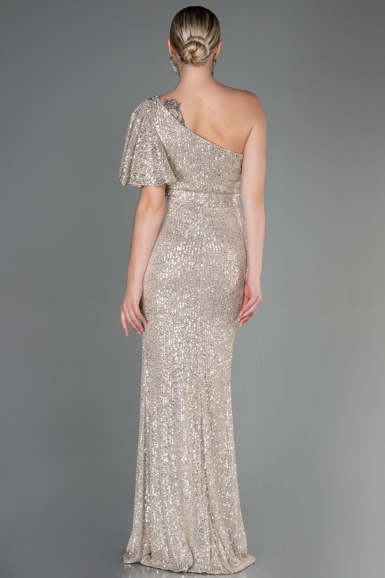 Vizon Tek Kol Yırtmaçlı Pul Payet Uzun Abiye ABU1891 - Görsel 2