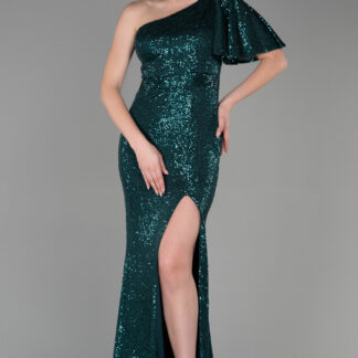 Zümrüt Yeşili Tek Kol Yırtmaçlı Pul Payet Uzun Abiye ABU1891