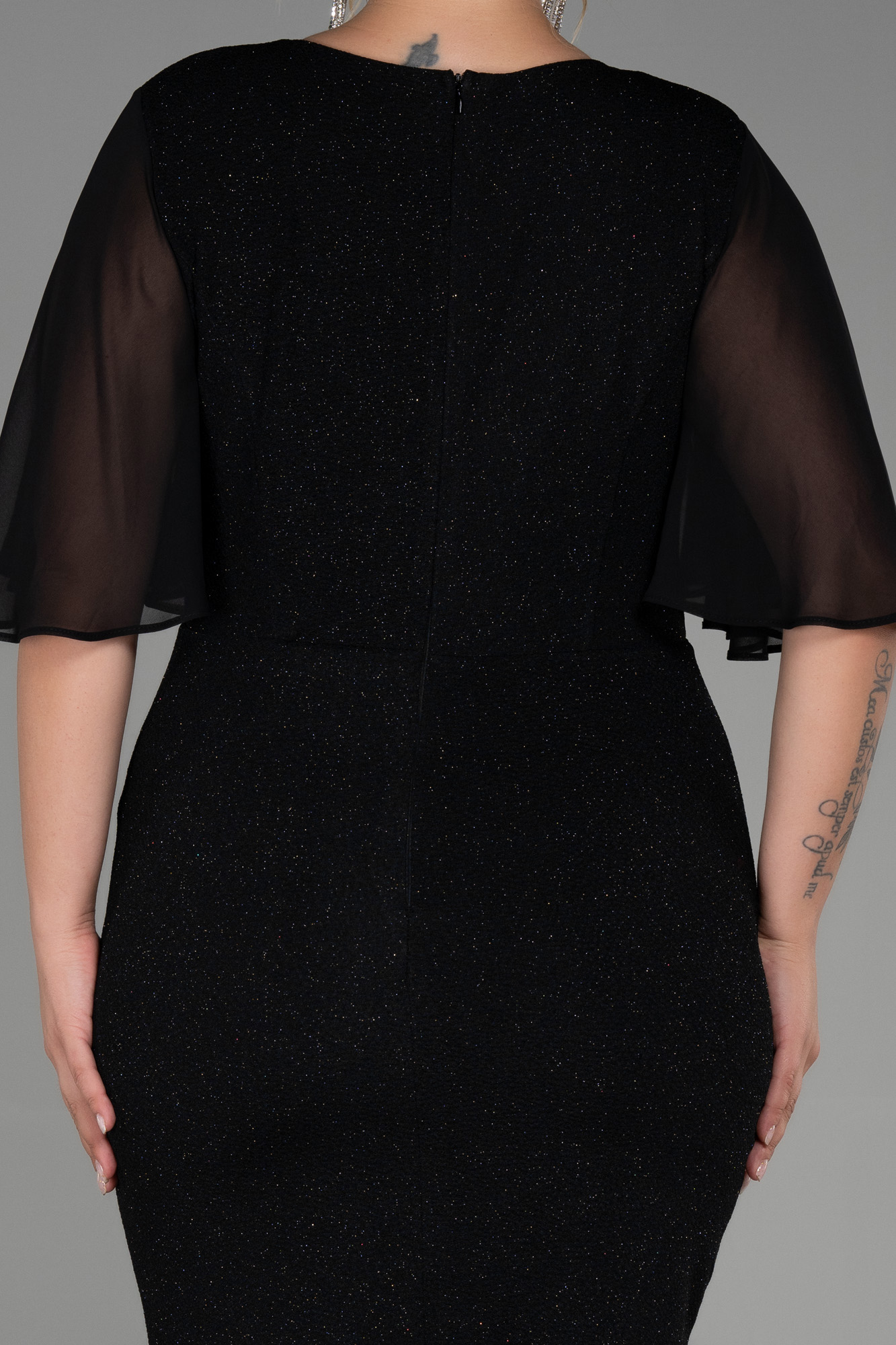 Siyah Kısa Kol Simli Büyük Beden Abiye ABK1826 - Görsel 4