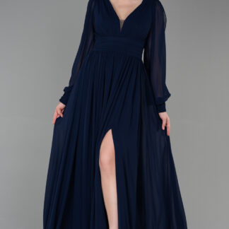 Lacivert Uzun Kol Bacak Dekolteli Şifon Abiye Elbise ABU1702
