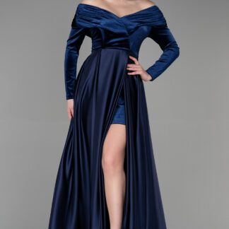 Lacivert Kadife Uzun Kol Saten Abiye Elbise ABU2083