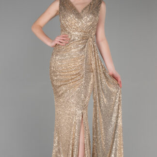 Gold Kolsuz Kruvaze Yaka Uzun Pullu Abiye ABU3201