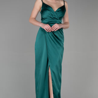 Zümrüt Yeşili Uzun Yırtmaçlı V Yaka Abiye Elbise ABU564