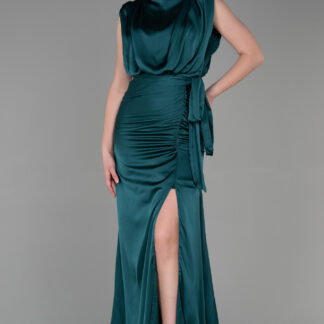 Zümrüt Yeşili Dik Yaka Kolsuz Uzun Saten Abiye Elbise ABU2133