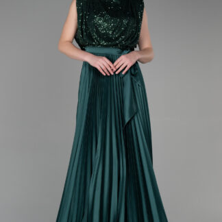 Zümrüt Yeşili Üstü Pullu Ateş Pile Uzun Saten Abiye ABU3326