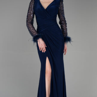 Lacivert Pullu Uzun Kol Yırtmaçlı Abiye Elbise ABU3008