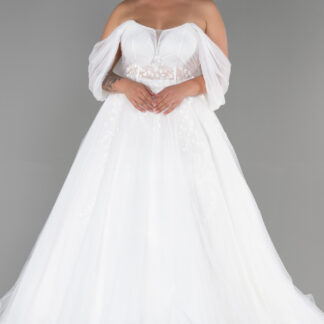 Ekru Dantelli Düşük Omuz Uzun Büyük Beden Gelinlik ABG028