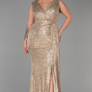 Gold Kolsuz Kruvaze Yaka Uzun Pullu Büyük Beden Abiye ABU3194