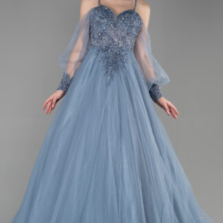 Gri Taş İşlemeli Uzun Tül Kol Özel Tasarım Abiye ABU2789