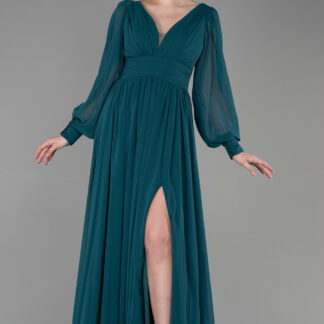 Zümrüt Yeşili Uzun Kol Şifon Abiye Elbise ABU1702