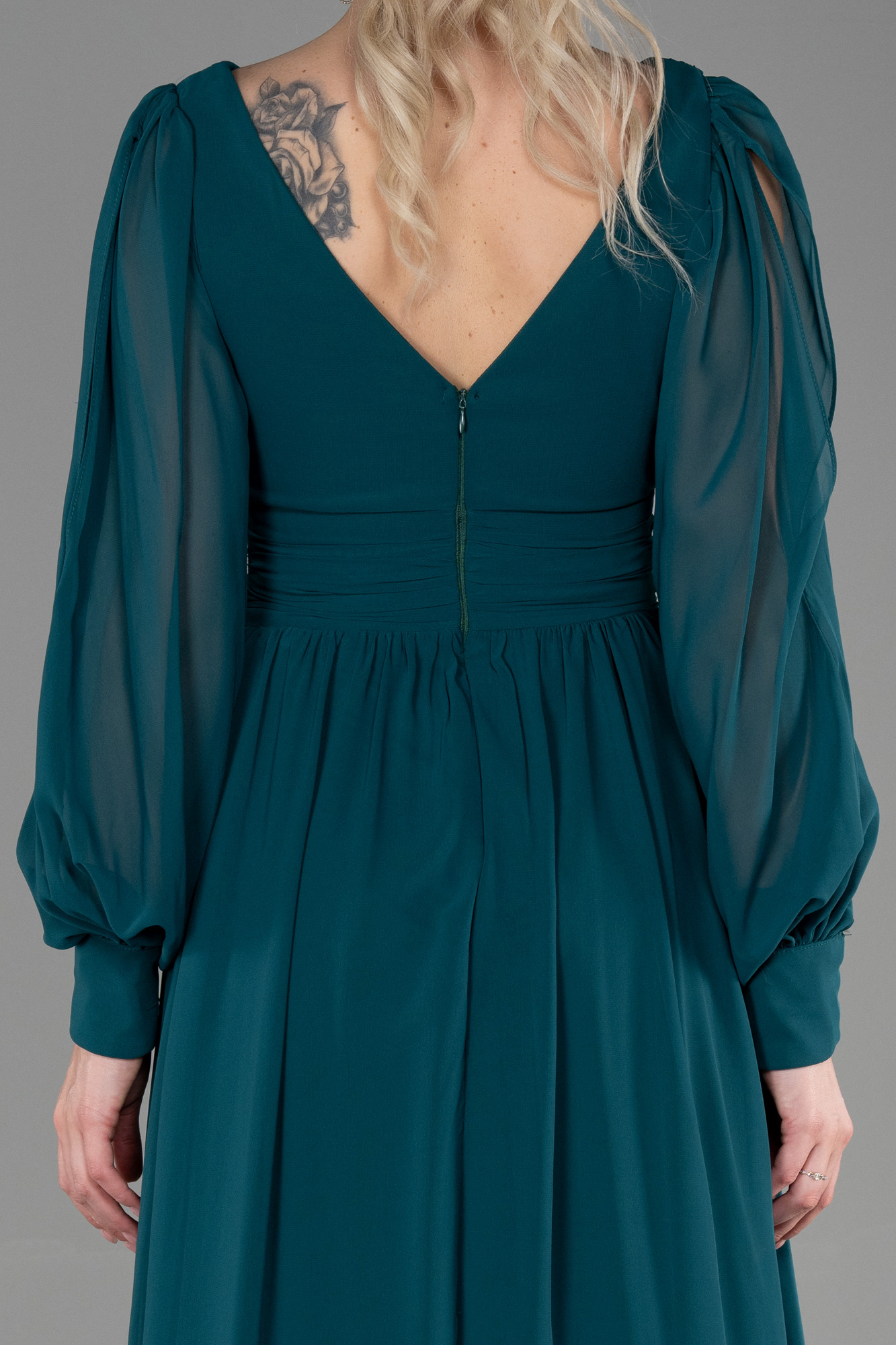 Zümrüt Yeşili Uzun Kol Şifon Abiye Elbise ABU1702 - Görsel 4