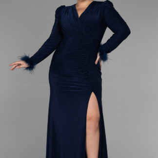 Lacivert Otrişli Uzun Kol Yırtmaçlı Büyük Beden Abiye ABU2832