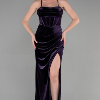 Mor Bacak Dekolteli Balen Korse Uzun Kadife Abiye ABU3395