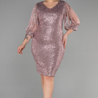 Pudra Kısa Pul Payetli Büyük Beden Abiye ABK631