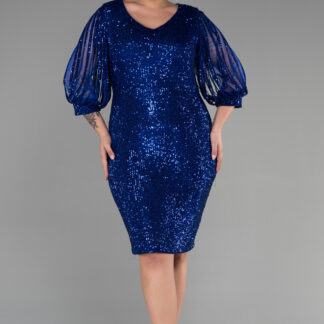 Saks Mavi Kısa Pul Payet Büyük Beden Abiye ABK631