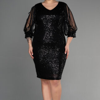 Siyah Kısa Pul Payetli Büyük Beden Abiye ABK631