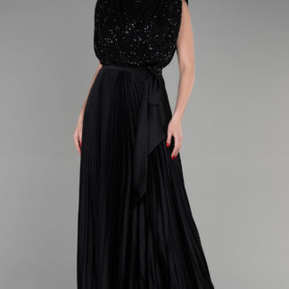 Siyah Dik Yaka Üstü Pullu Ateş Pile Uzun Saten Abiye ABU3326