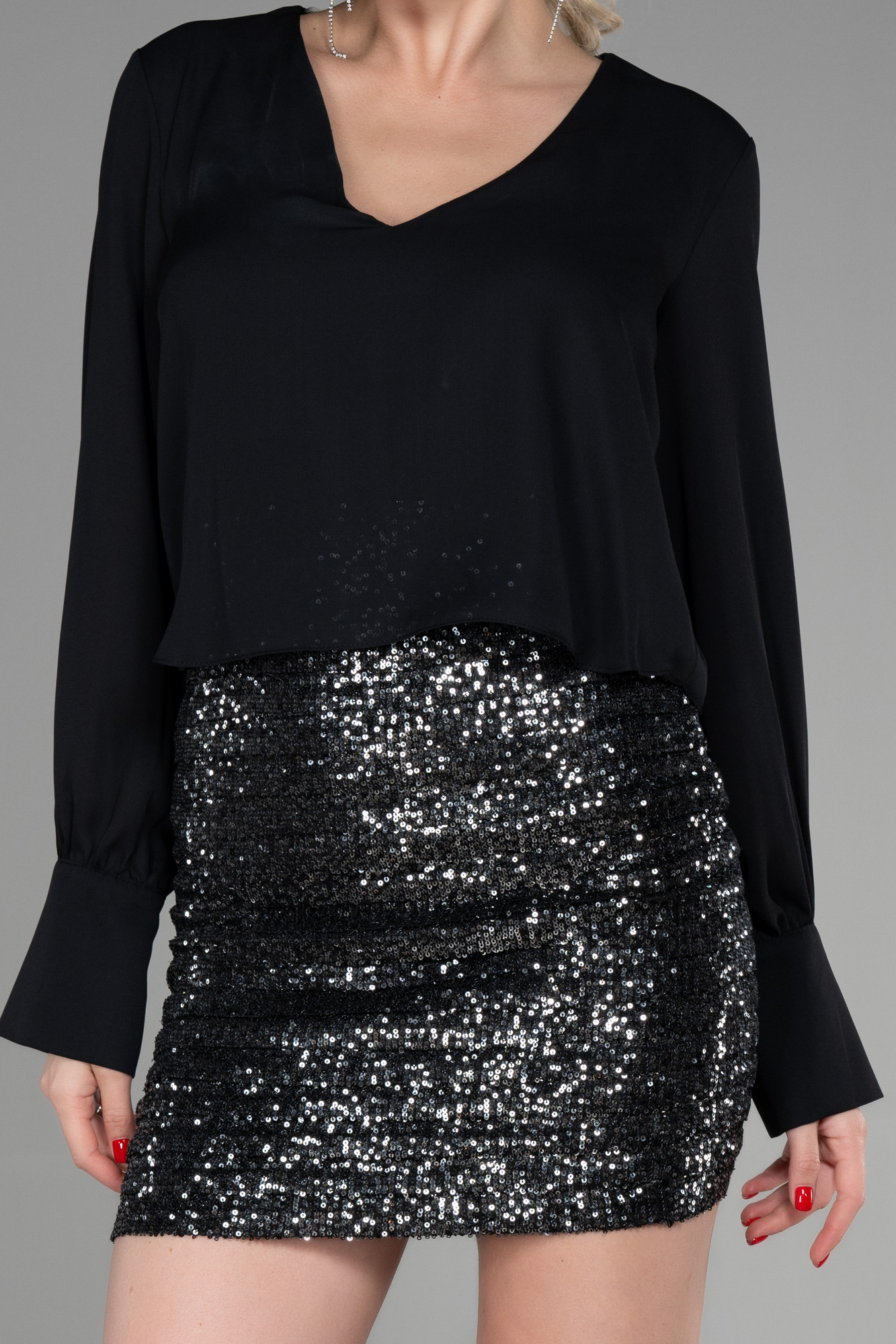 Antrasit Şifon Uzun Kol Eteği Pullu Mini Abiye ABK1904 - Görsel 3