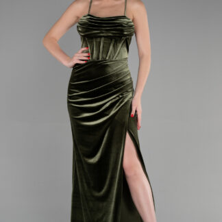 Haki Bacak Dekolteli Balen Korse Uzun Kadife Abiye ABU3395