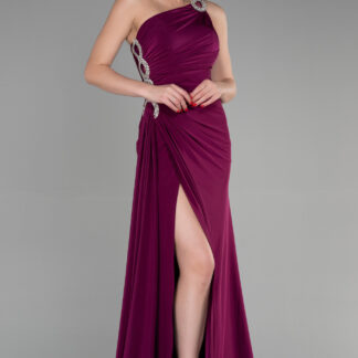 Mürdüm Taşlı Tek Omuz Bacak Dekolteli Uzun Abiye ABU2964