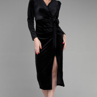 Siyah Uzun Kol Yırtmaçlı Kadife Midi Davet Elbisesi ABK1896