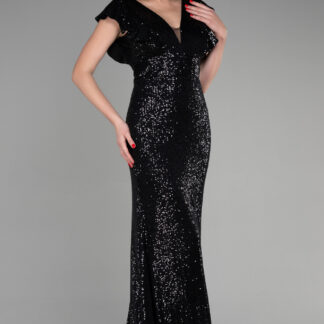 Siyah Uzun Pul Payetli Balık Abiye Elbise ABU1481