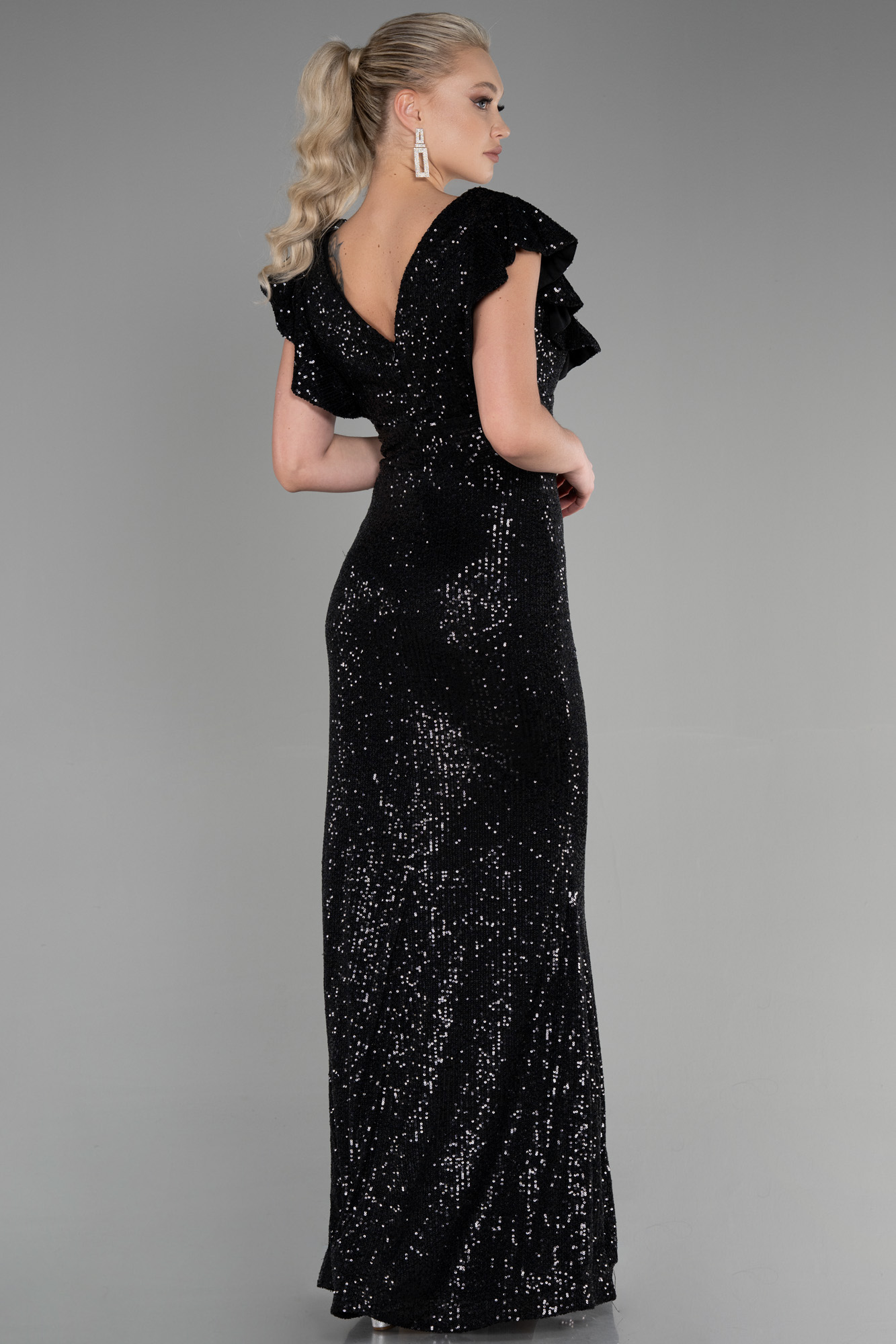 Siyah Uzun Pul Payetli Balık Abiye Elbise ABU1481 - Görsel 2