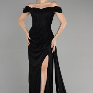 Siyah Kayık Yaka Balen Korse Uzun Simli Abiye ABU3472