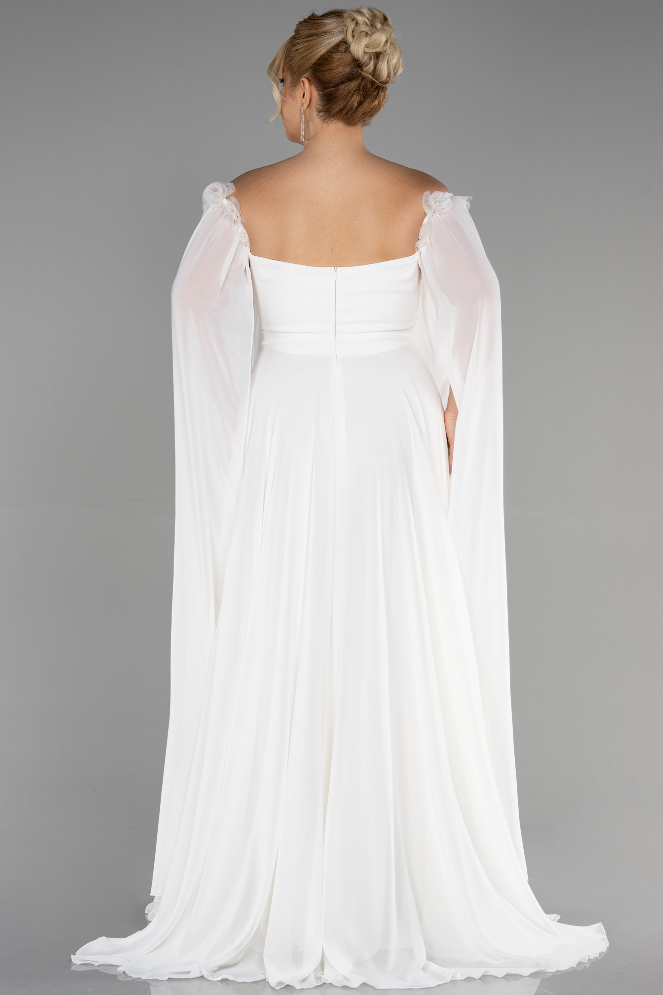 Ekru Kayık Yaka Uzun Şifon Büyük Beden Abiye ABU3464 - Görsel 2