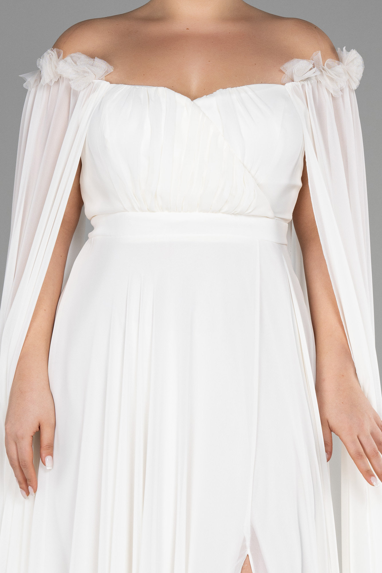 Ekru Kayık Yaka Uzun Şifon Büyük Beden Abiye ABU3464 - Görsel 3