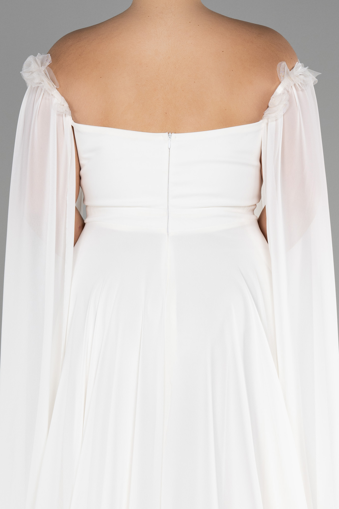 Ekru Kayık Yaka Uzun Şifon Büyük Beden Abiye ABU3464 - Görsel 4