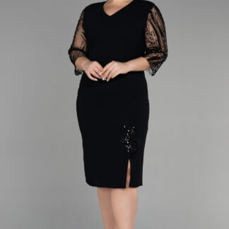 Siyah İşlemeli Kapri Kol Midi Büyük Beden Abiye ABK1783