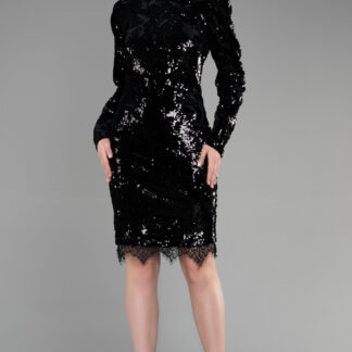 Siyah Uzun Kol Payetli Kısa Kadife Davet Elbisesi ABK1909