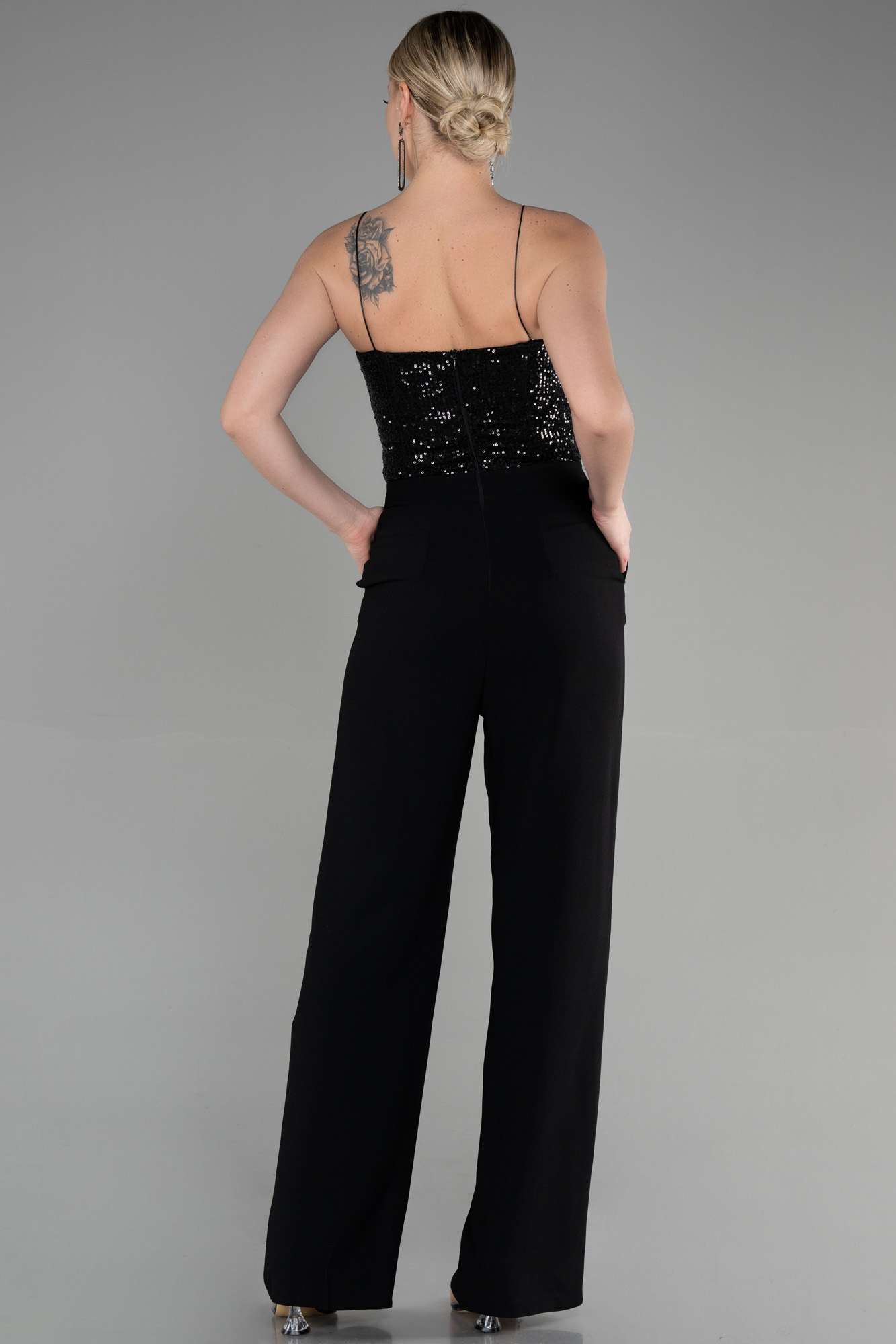 Siyah Üstü Pul Payet Uzun Abiye Tulum ABT108 - Görsel 2