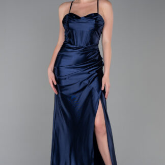 Lacivert Bacak Dekolteli Balen Korse Uzun Saten Abiye ABU3247