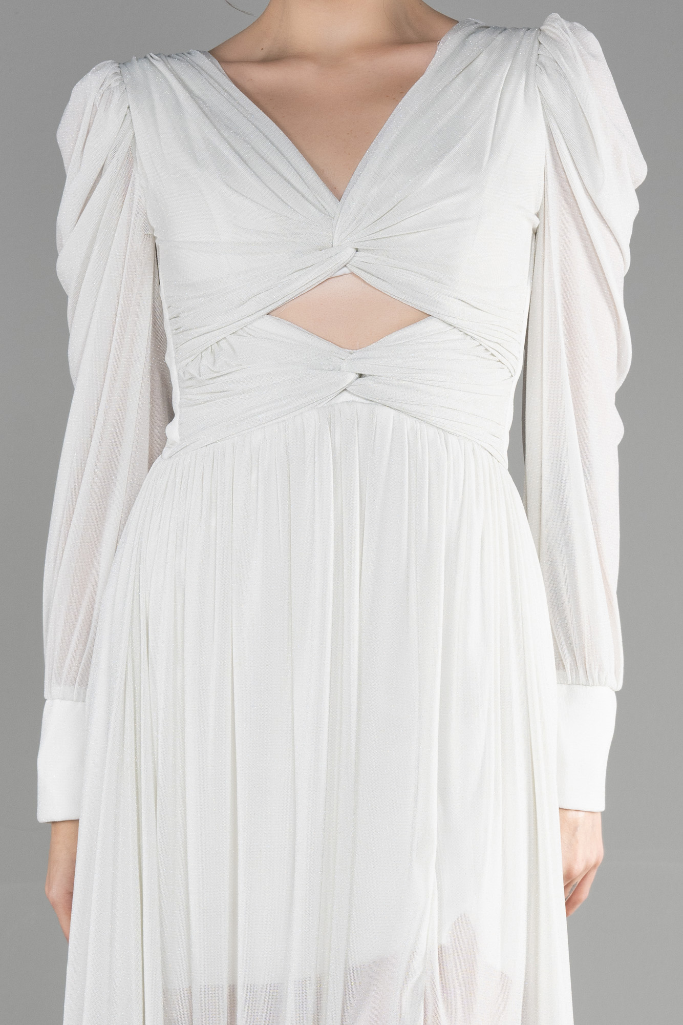 Ekru Uzun Kol Simli Kısa Davet Elbisesi ABK1839 - Görsel 3