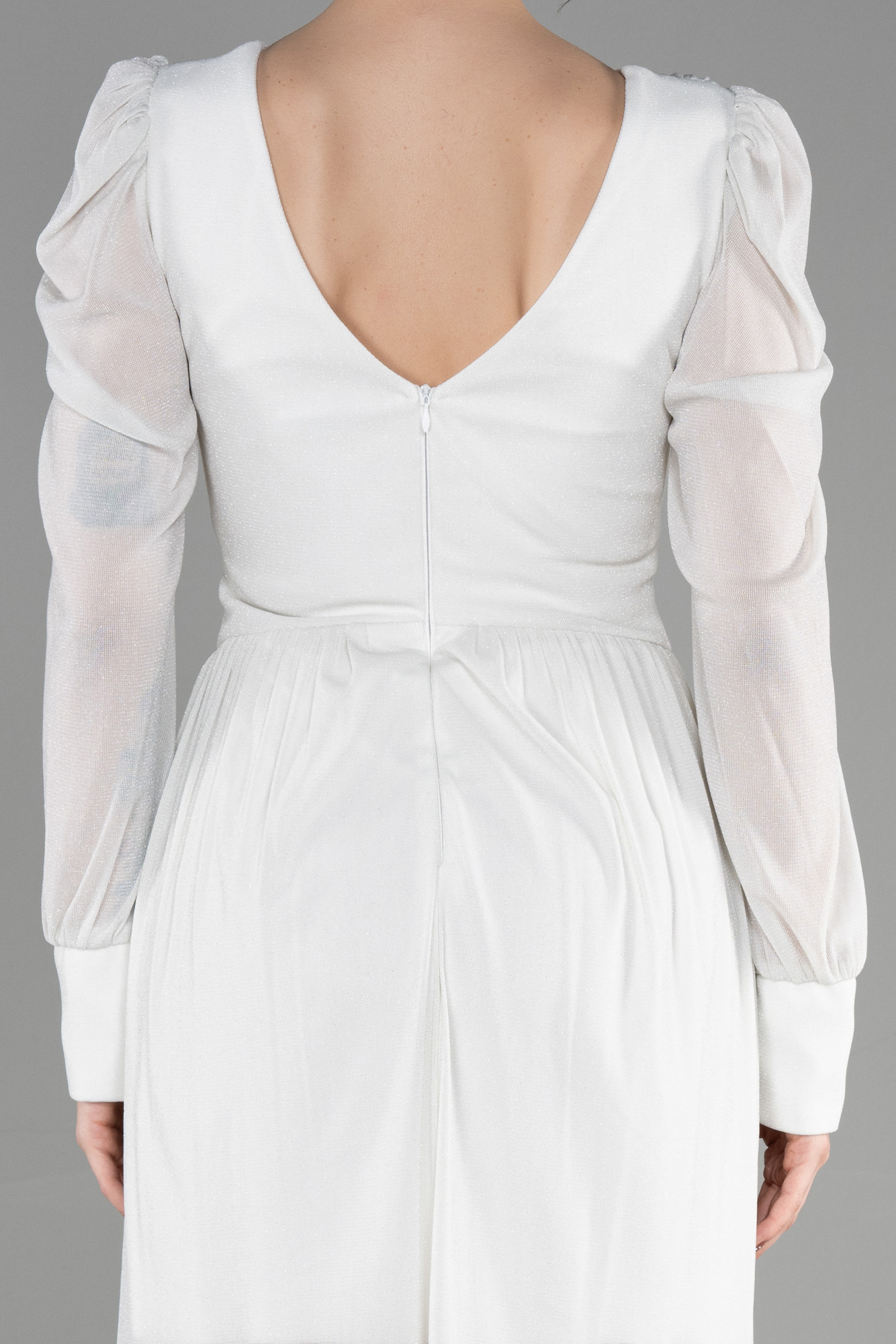 Ekru Uzun Kol Simli Kısa Davet Elbisesi ABK1839 - Görsel 4