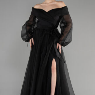 Siyah Bacak Dekolteli Balon Kol Abiye Elbise ABU1468