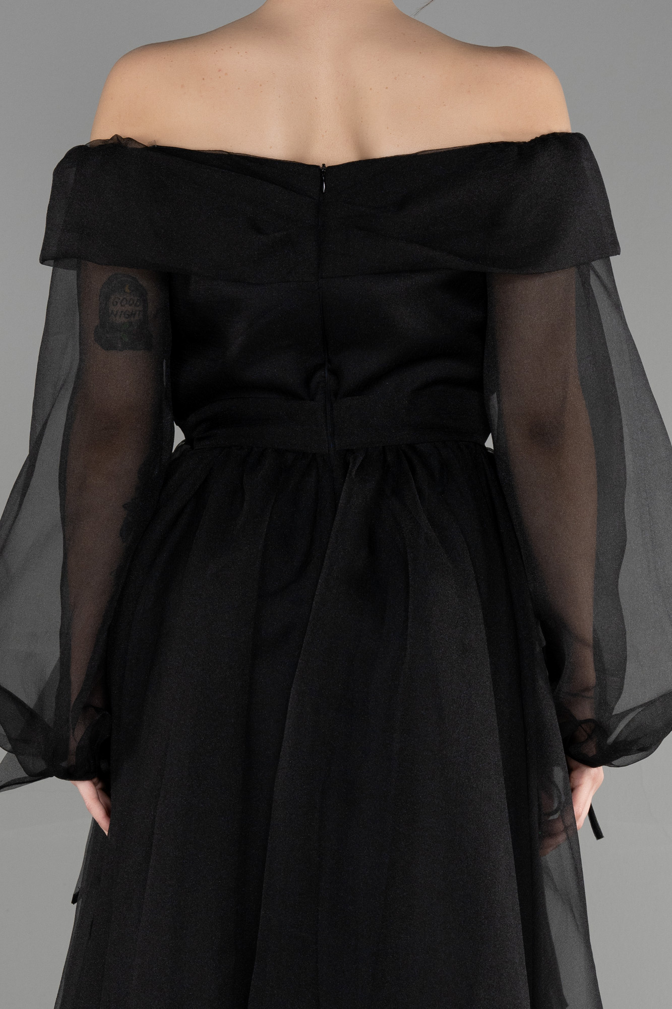 Siyah Bacak Dekolteli Balon Kol Abiye Elbise ABU1468 - Görsel 4