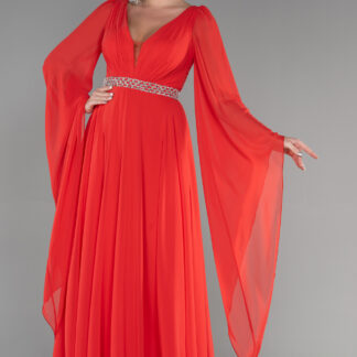 Mercan Uzun Şal Kol V Yaka Şifon Abiye Elbise ABU3541