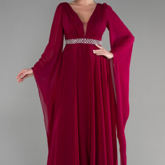 Vişne Uzun Şal Kol V Yaka Şifon Abiye Elbise ABU3541