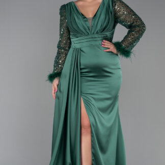 Zümrüt Yeşili Pullu Uzun Kol Saten Büyük Beden Abiye ABU3237