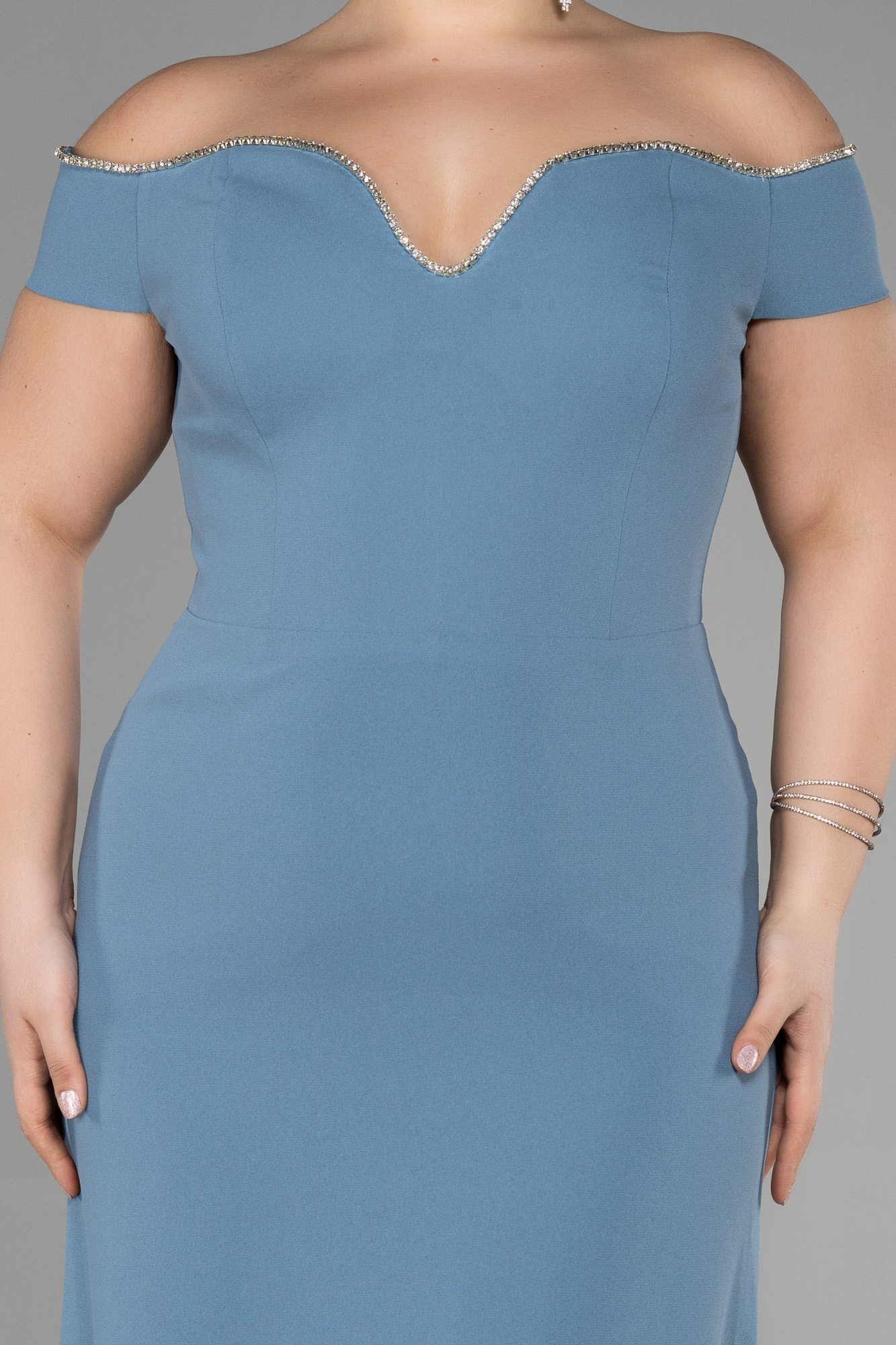 Mint Kayık Yaka Uzun Büyük Beden Abiye ABU3582 - Görsel 3