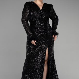 Siyah Uzun Kol Yırtmaçlı Pullu Büyük Beden Abiye ABU3505