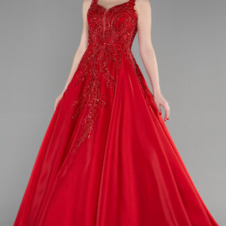 Kırmızı Kolsuz Üstü İşlemeli Uzun Özel Tasarım Abiye ABU3595