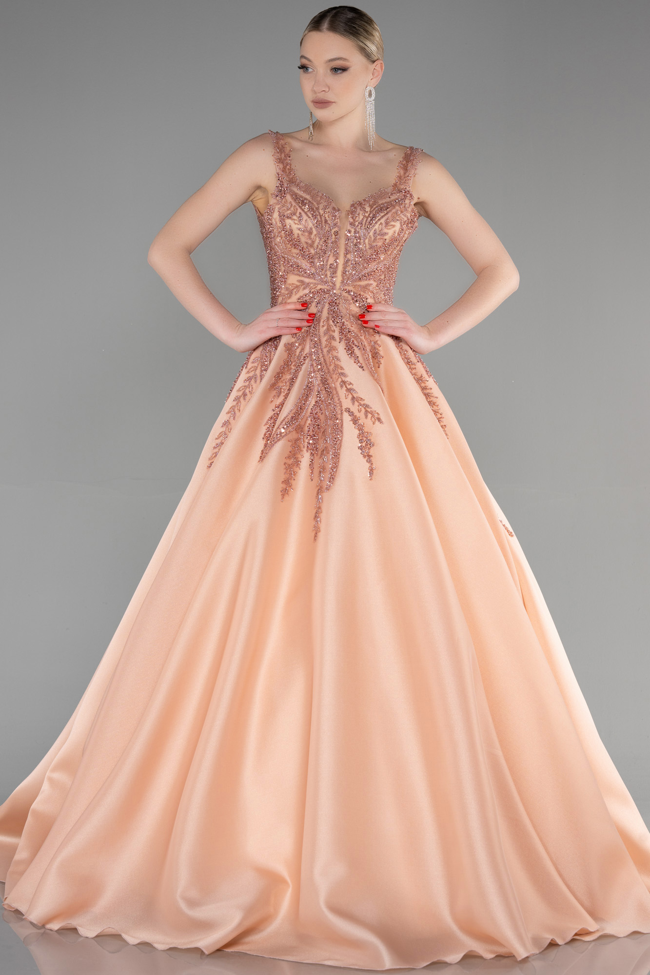 Somon İşlemeli Uzun Kuyruklu Özel Tasarım Prenses Abiye ABU3597