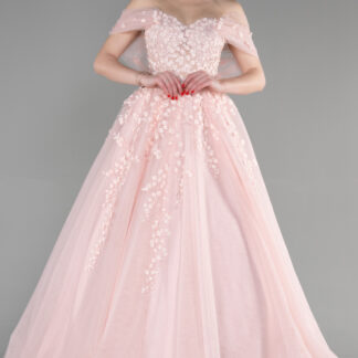 Pudra Kayık Yaka Üç Boyutlu Uzun Özel Tasarım Abiye ABU3600