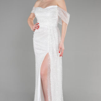 Ekru Kayık Yaka Uzun Pullu Bacak Dekolteli Abiye ABU3577