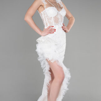 Ekru Bacak Dekolteli Uzun Güpürlü Pullu Abiye ABU3317