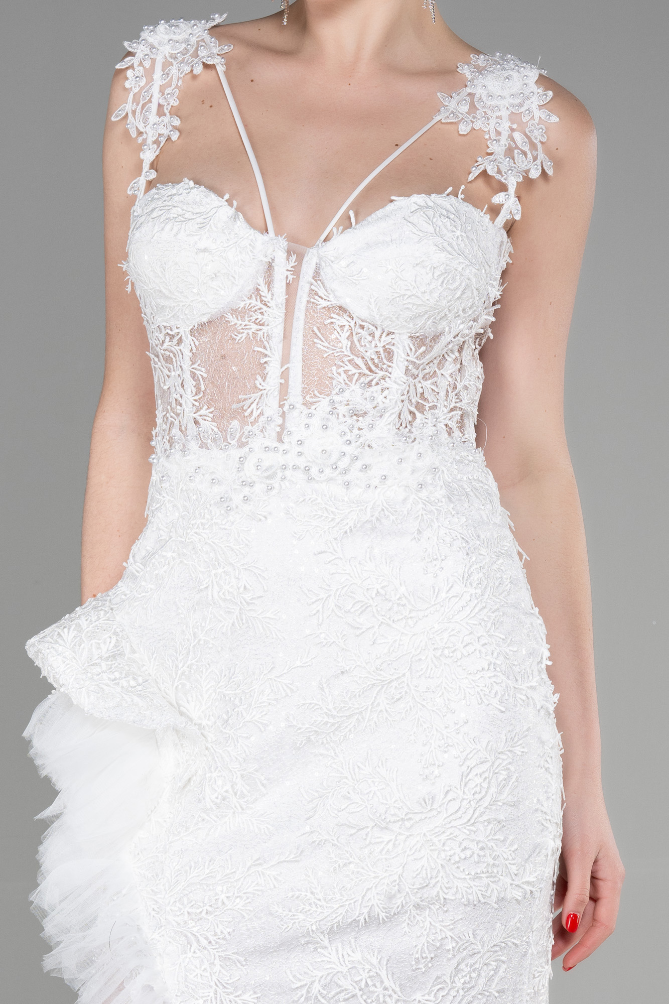 Ekru Bacak Dekolteli Uzun Güpürlü Pullu Abiye ABU3317 - Görsel 3